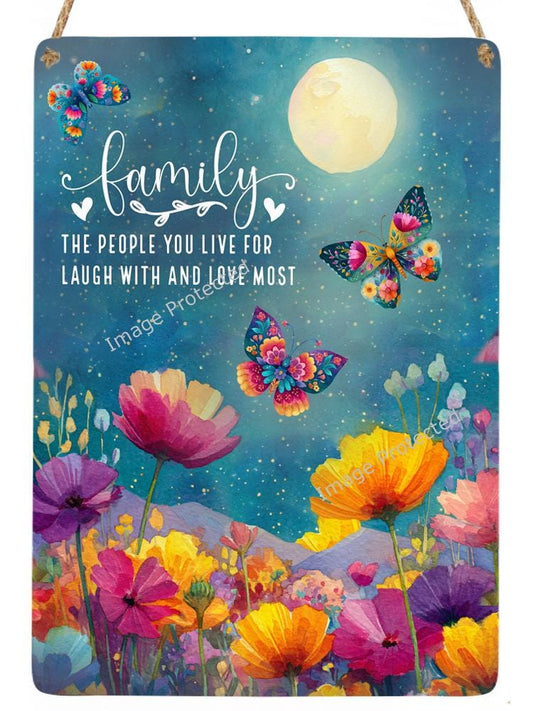 Hanging Metal Sign -  Butterflies and Moon Whimsical Garden - Family Quote
