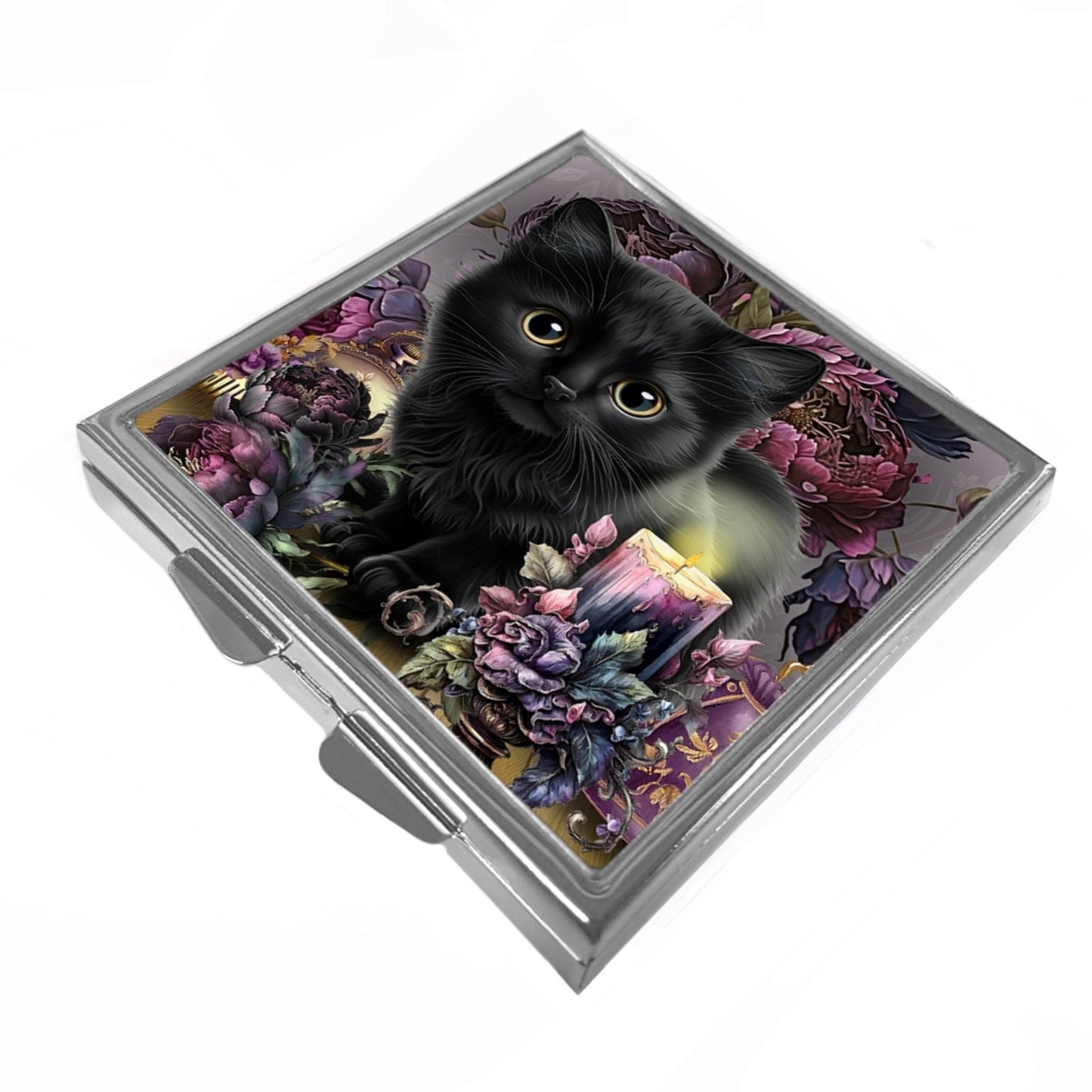 Square Pill/Trinket Box - Black Kitten & Peonie Flowers - Peonie