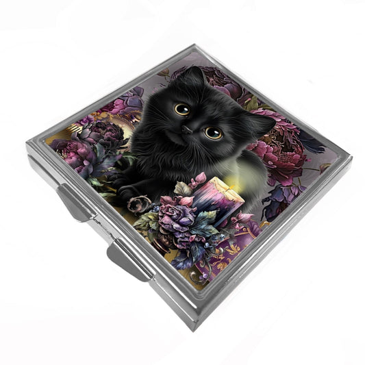 Square Pill/Trinket Box - Black Kitten & Peonie Flowers - Peonie