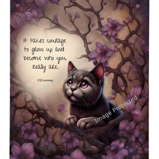 Black Cat Metal Sign: Purple Flowers, Courage Quote (20cm x 15cm)
