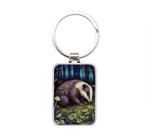 Silver Metal Badger Keyring: Colorful Midnight Design