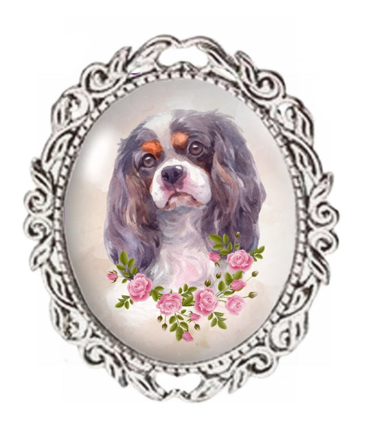 Cavalier King Charles Spaniel Brooch: Oval Glass Cabochon, Silver Color