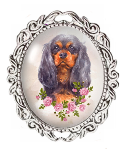 Cavalier King Charles Spaniel Brooch: Silver Oval Glass Cabochon