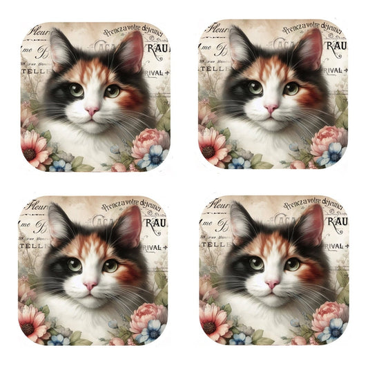 Set Of 4 - Cork Backed Coasters - Vintage Calico Cat
