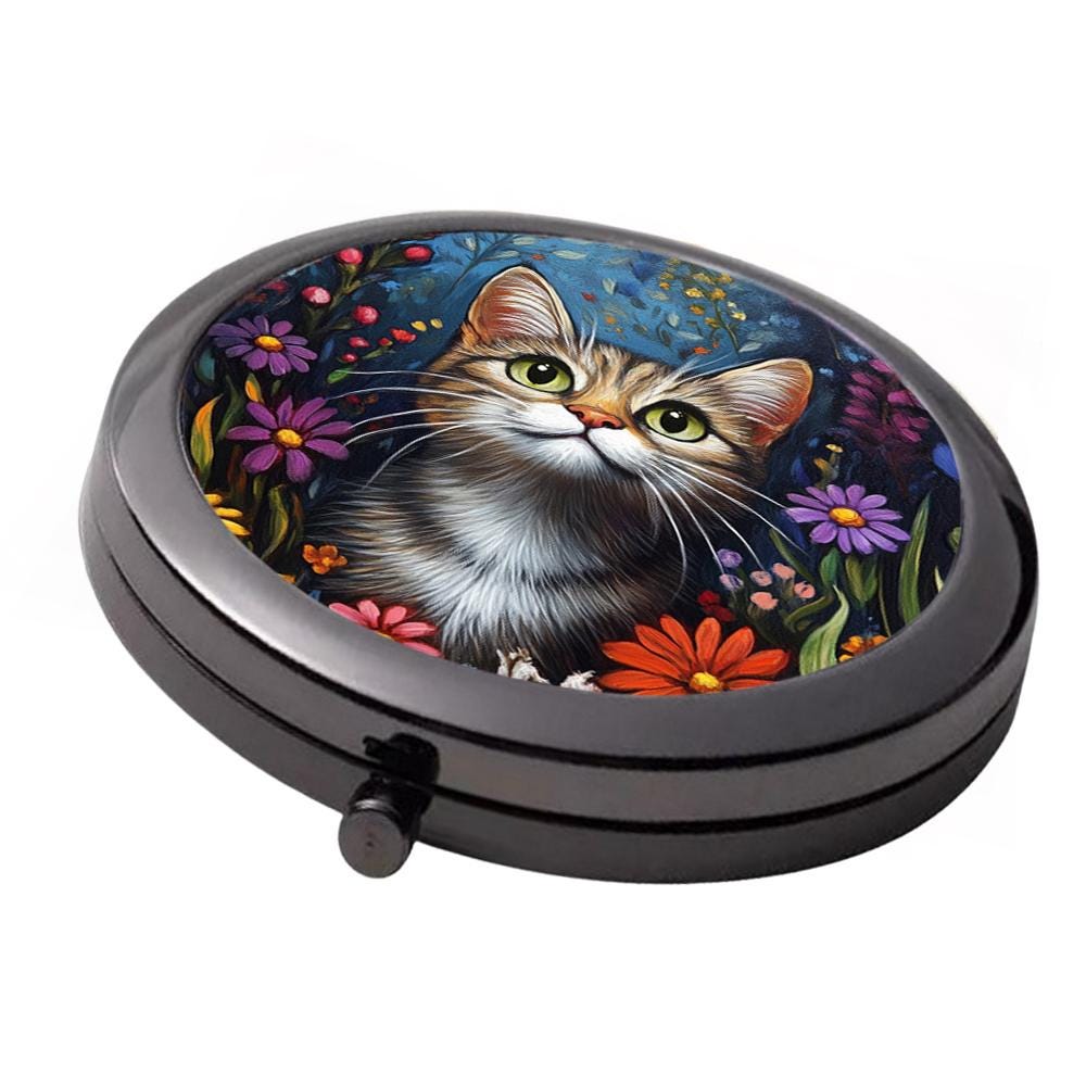 Tabby Cat Compact Mirror: Smoke Black Metal, Floral Style