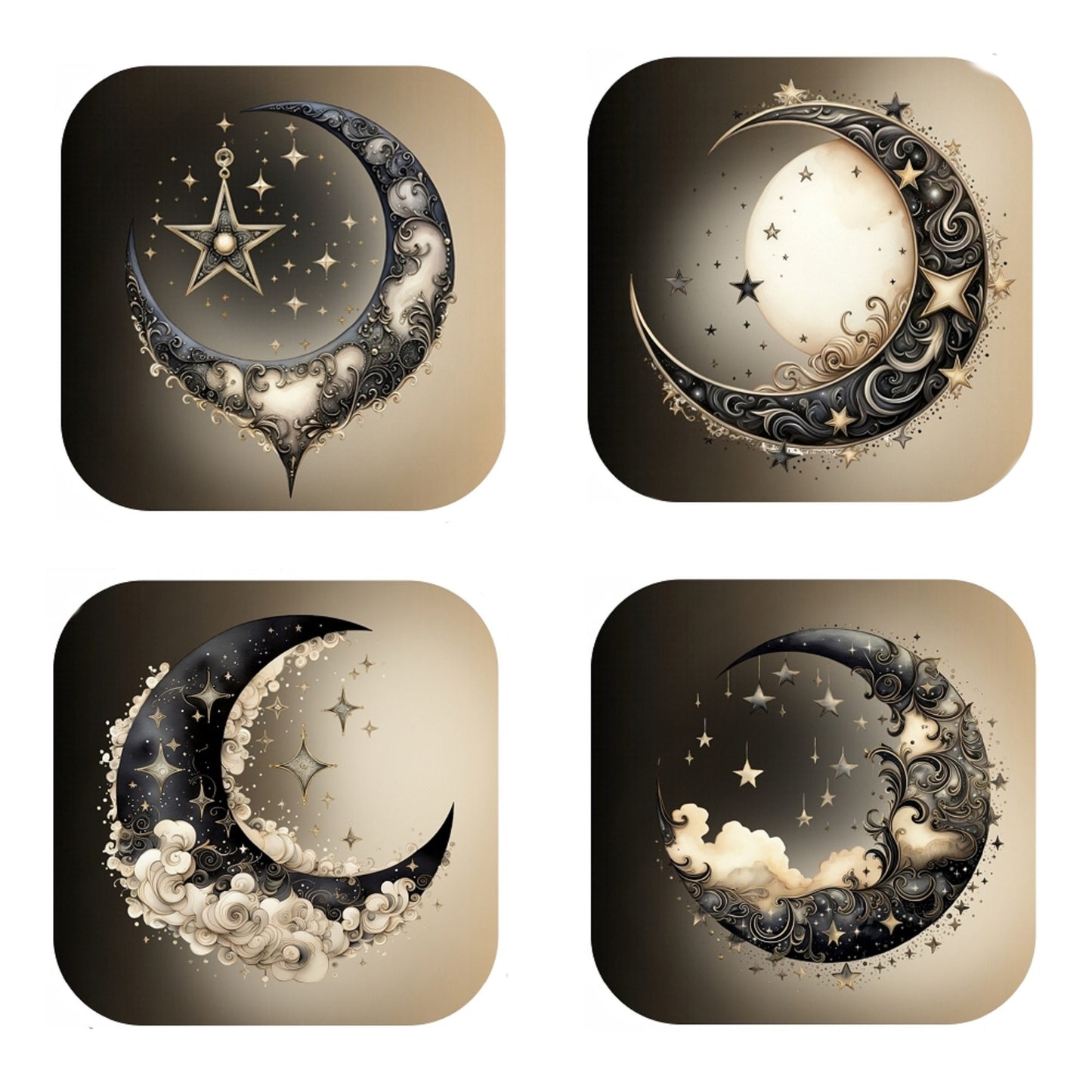 Moon Coasters - Set of 4 Ivory & Black Celestial Cork Coasters