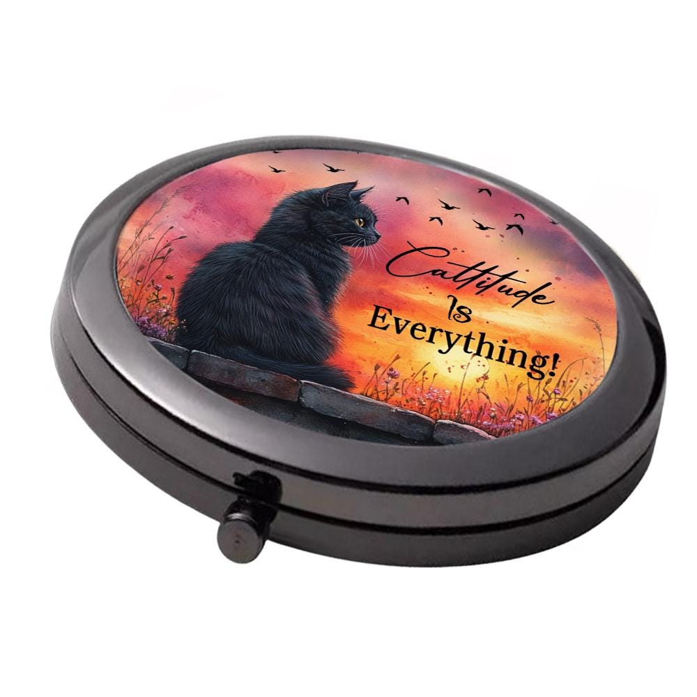 Black Cat Compact Mirror: Cattitude Design, Double Mirror (7cm)