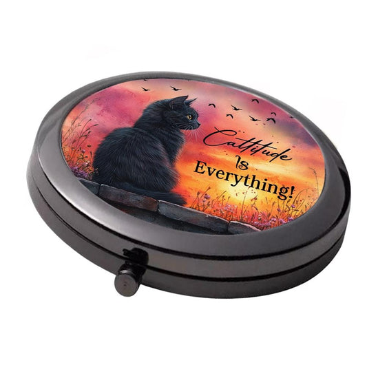 Black Cat Compact Mirror: Cattitude Design, Double Mirror (7cm)