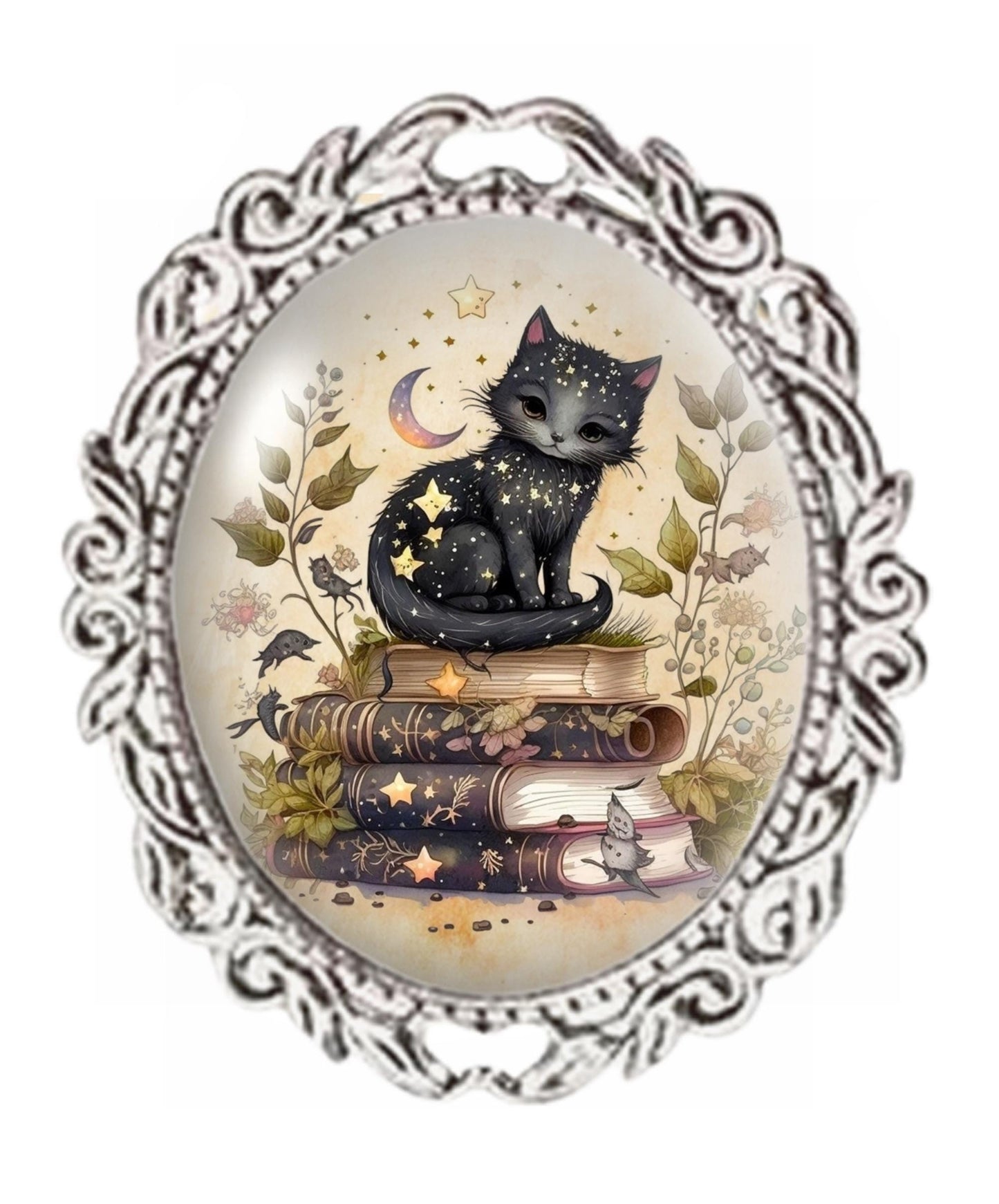 Silver Colour - Oval Glass Cabochon Brooch - Little Black Cat On Books