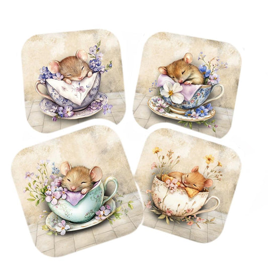 Mouse Coasters Set: Cork Backed, Little Sleeping Tea Cup Mice