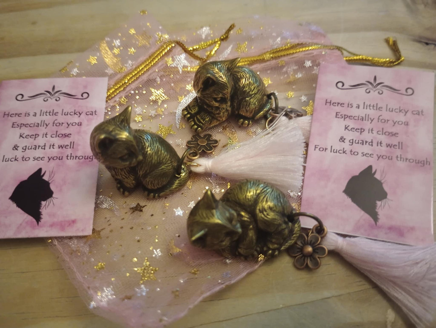 Brass Lucky Cat Charm with Tassel - Includes Bag & Card