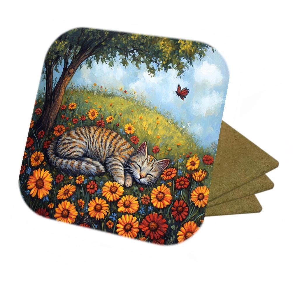 Set Of 4 - Tabby Cat Sleeping - Cork Backed Coasters