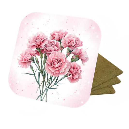Set Of 4 - Pink Carnation - Cork Backed Coasters