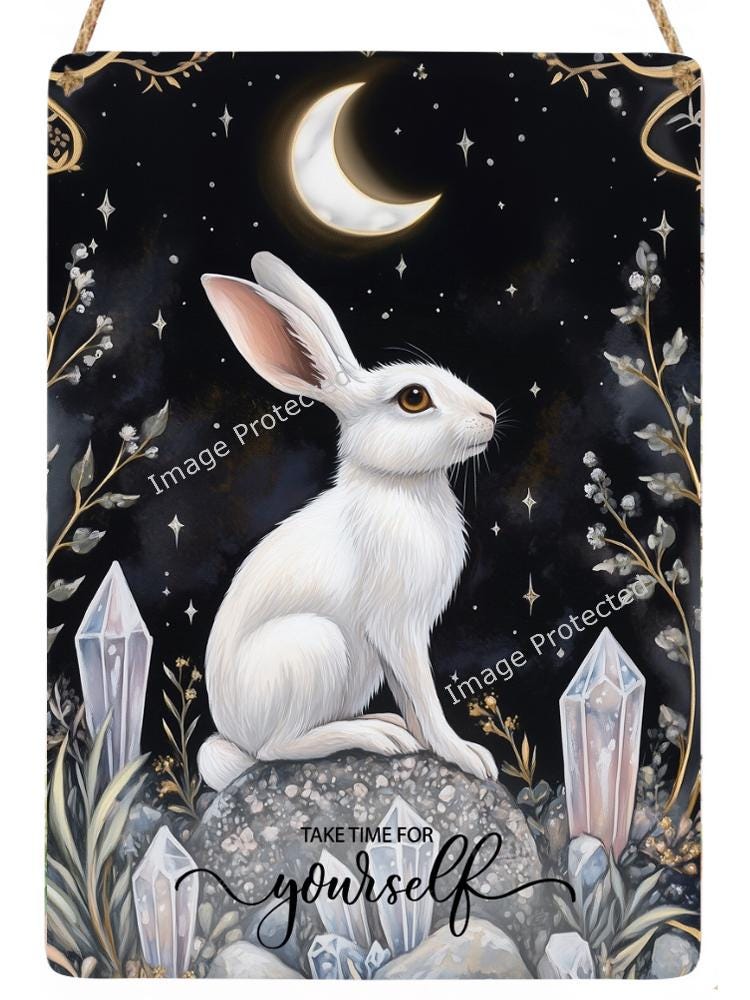 Hanging Metal Sign - White Rabbit & Moon - Take Time For Yourself