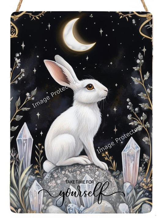 Hanging Metal Sign - White Rabbit & Moon - Take Time For Yourself