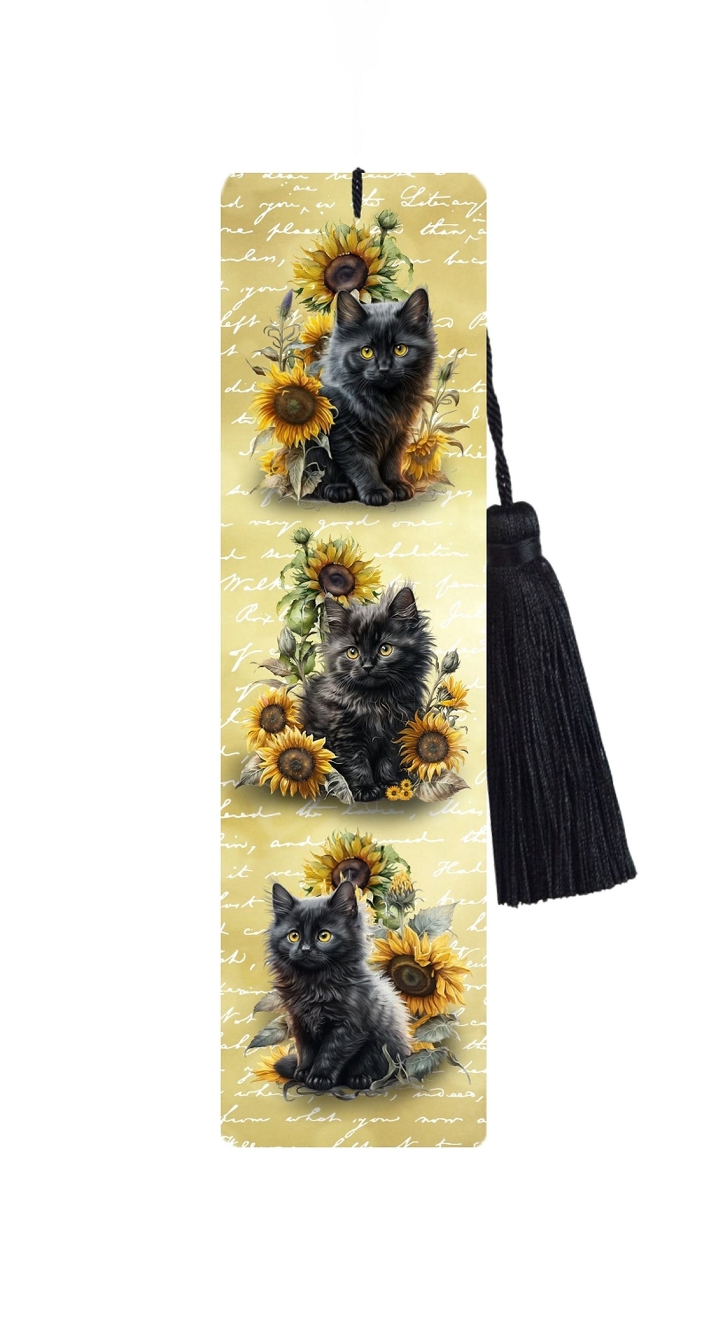Large Metal Bookmark With Tassel - Black Fluffy Kitten & Sunflowers