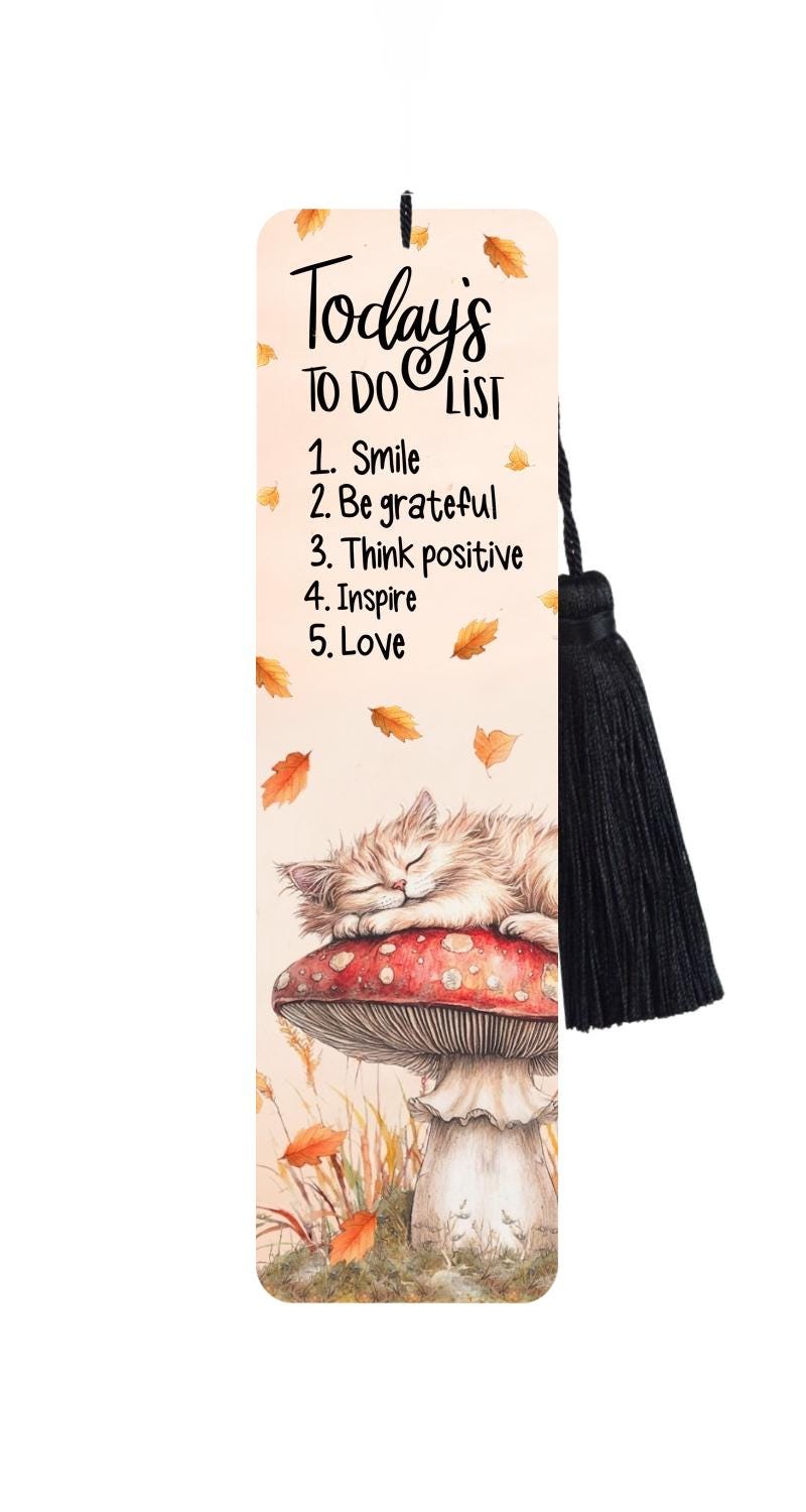 Large Metal Bookmark With Tassel - Mushroom The Cat - Cap On Mushroom Napping Book Mark