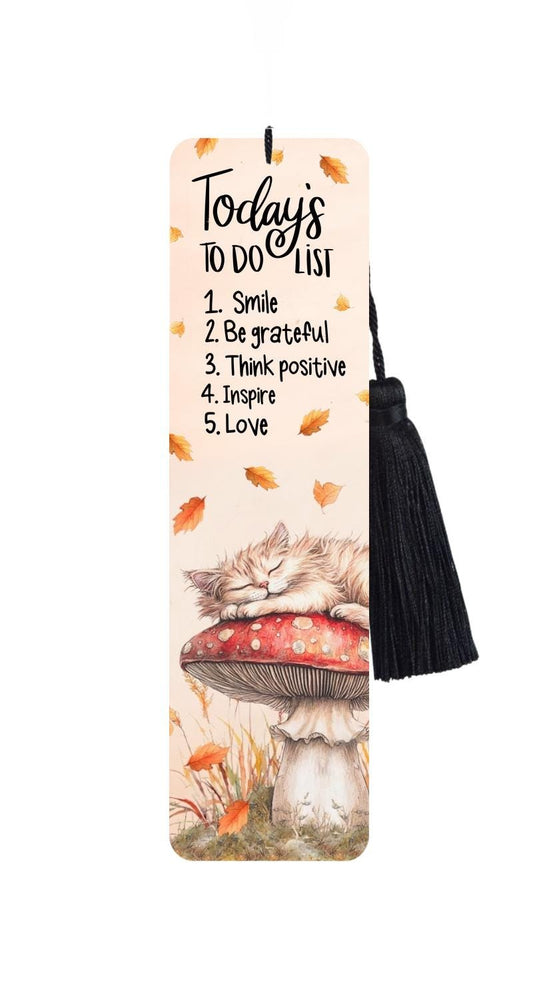 Large Metal Bookmark With Tassel - Mushroom The Cat - Cap On Mushroom Napping Book Mark