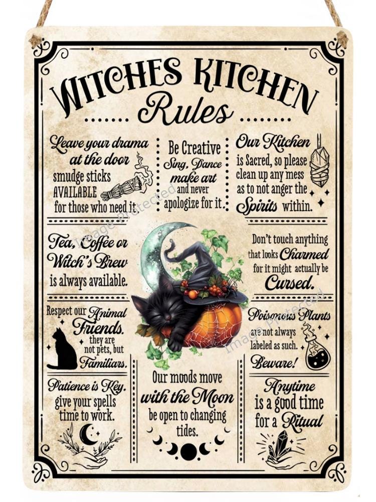 Black Cat Metal Sign: Witches Kitchen Rules, Handmade Home Decor