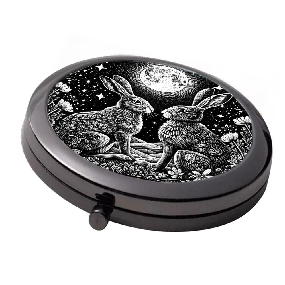 Black & White Hare Couple Compact Mirror - Smoke Black Double Mirror