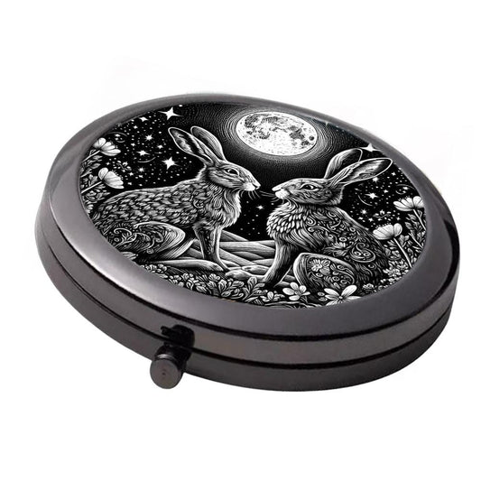 Black & White Hare Couple Compact Mirror - Smoke Black Double Mirror