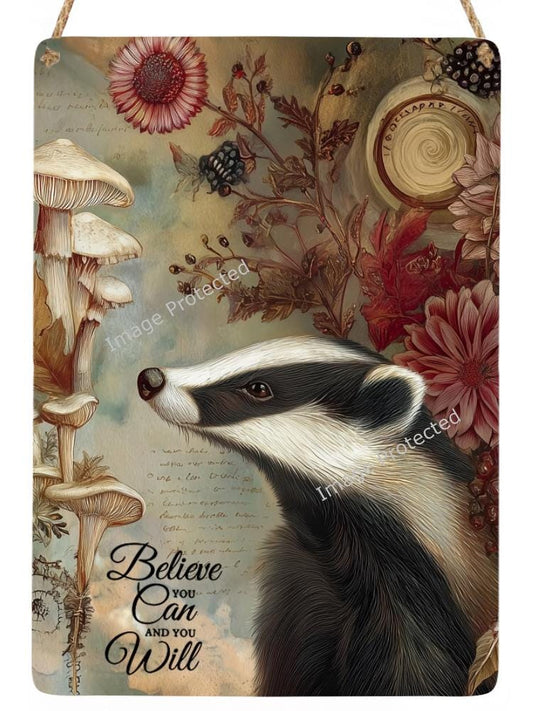 Hanging Metal Sign - Badger Sign - Motivational Quote - Believe you can and you will.