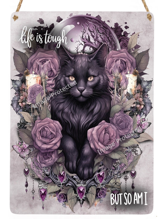 Black Cat Art Sign: Motivational Quote Hanging Metal Decor