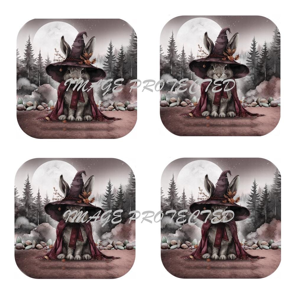 Witchy Hare Coaster Set: Handmade Cork-Backed Drink Coasters