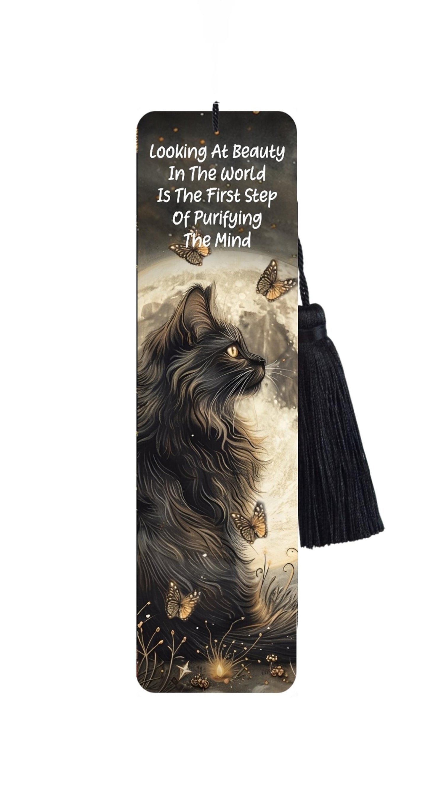 Large Metal Bookmark With Tassel - Black cat and Moon - Motivational Quote - Beauty