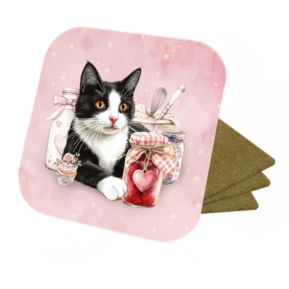 Tuxedo Cat Coasters: Cork Backed, Set of 4