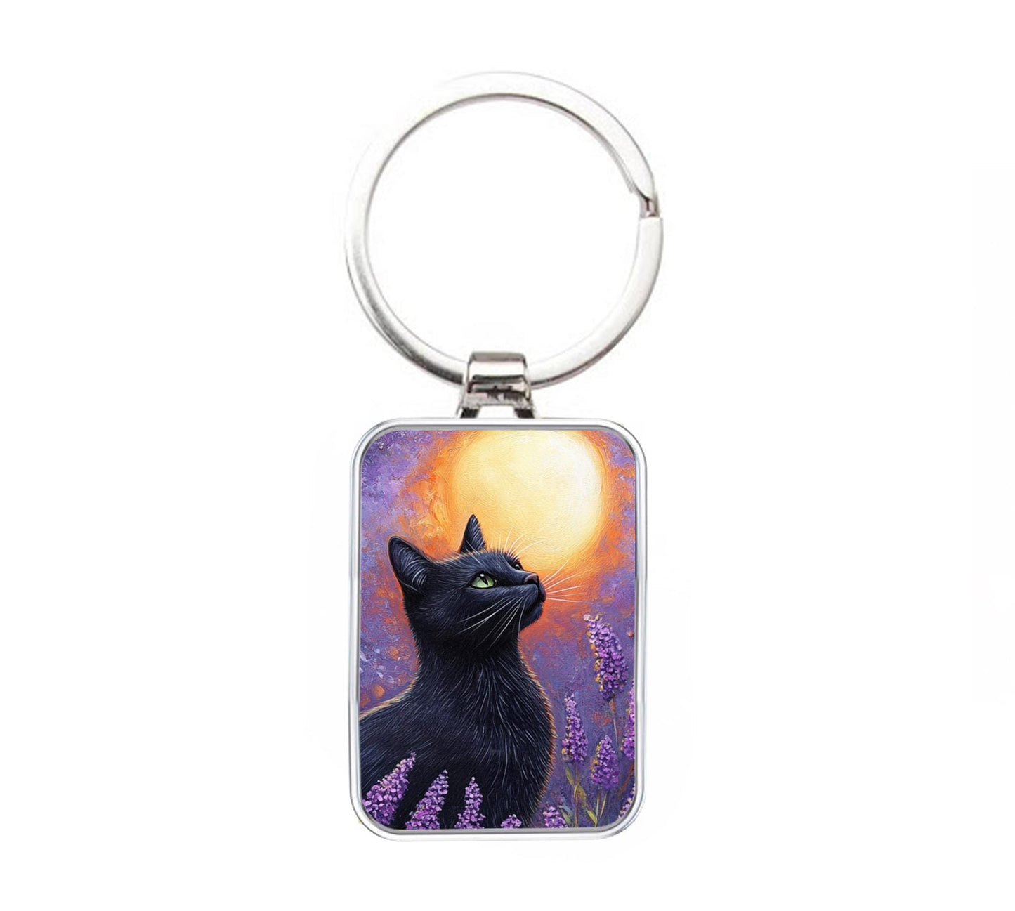 Silver Metal Cat Keyring - Moongazing Black Cat In A Lavender Field