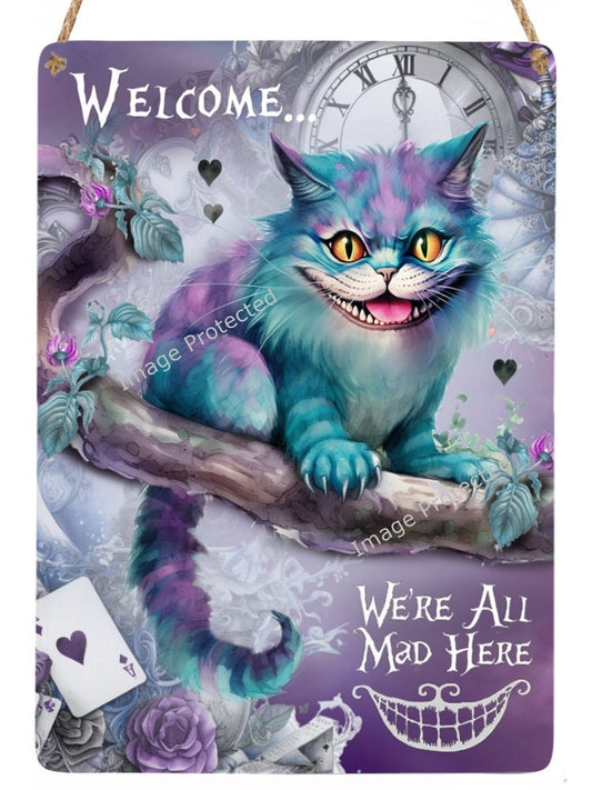 Hanging Metal Cheshire Cat Sign: Whimsical Home Decor