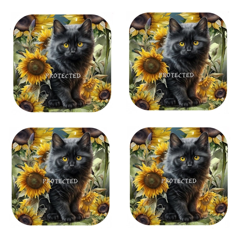 Set Of 4 - Cat Coasters - Cork Backed Coasters - Black Kitten & Sunflowers