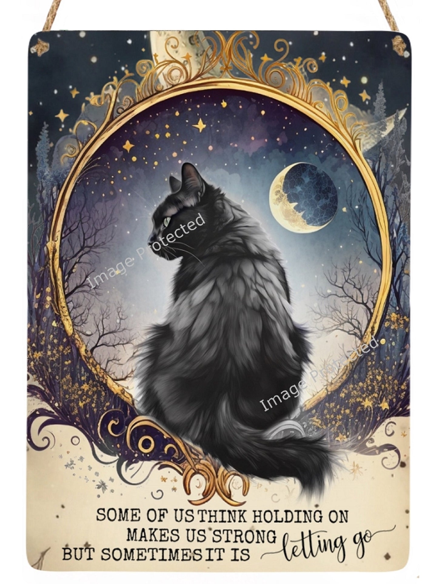 Hanging Metal Sign - Mystic Celestial Cat - Motivational Quote - Letting Go