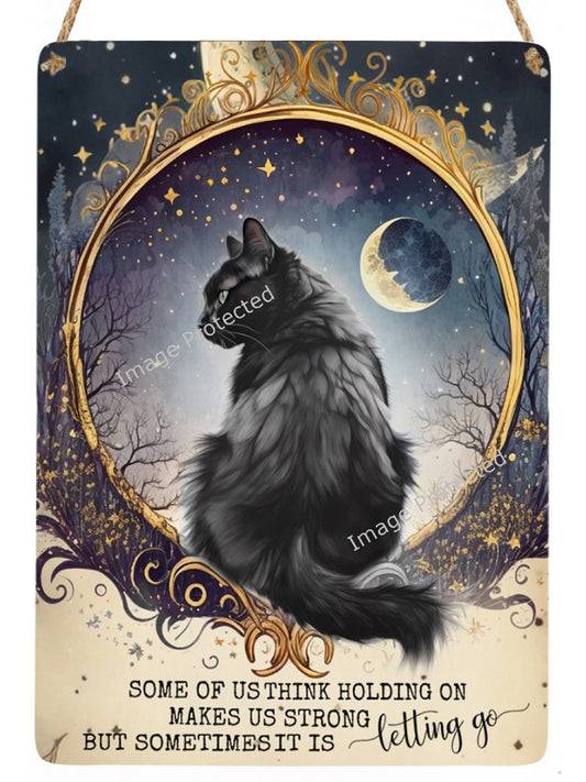 Hanging Metal Sign - Mystic Celestial Cat - Motivational Quote - Letting Go
