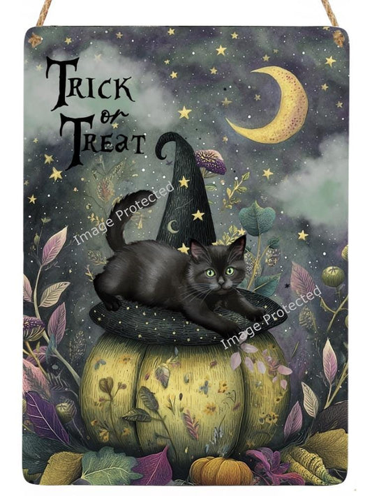 Trick or Treat Black cat & Pumpkin Halloween Sign  (20cm x 15cm)