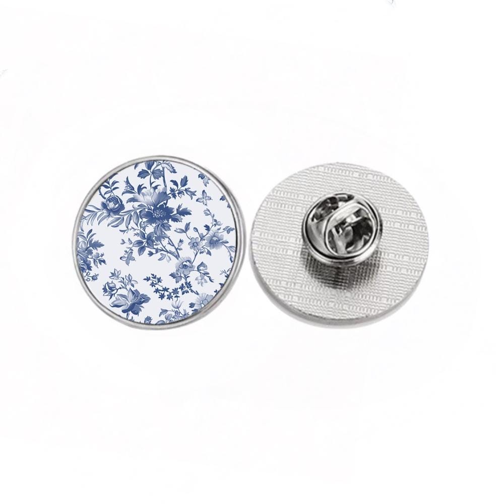 4 Piece Gift Set - Mirror, Magnet, Keyring & Pin Badge - Chinoiserie Blue and White Pattern
