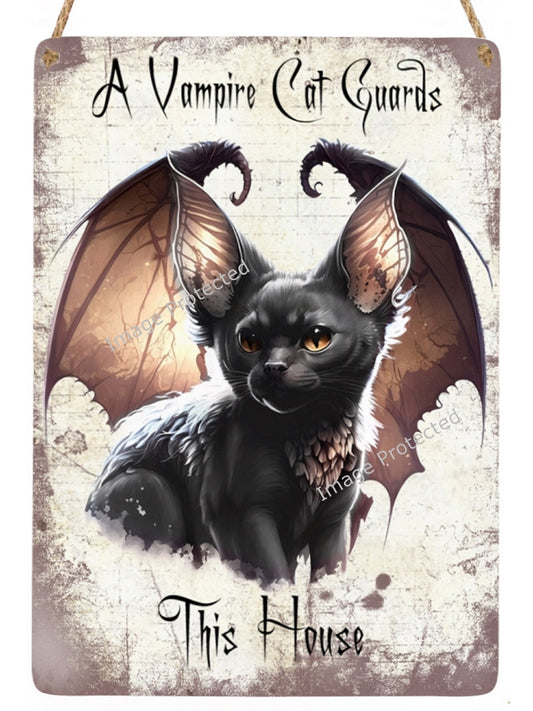 Black Cat Metal Sign - A Vampire Cat Guards This House