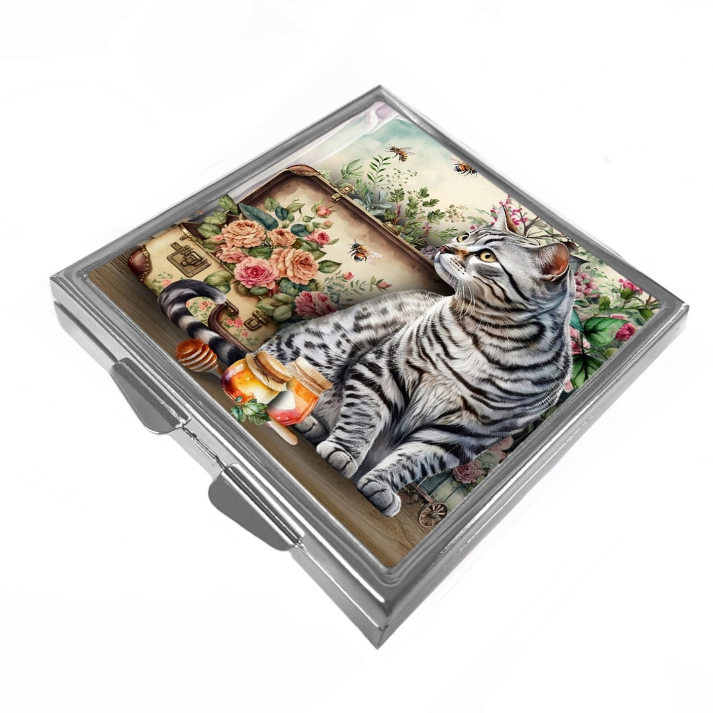 Square Pill/Trinket Box - Silver Tabby Cat - Sacha