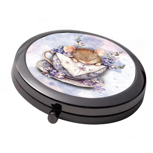 Lavender Mouse in Teacup Compact Mirror - Smoke Black Double Mirror