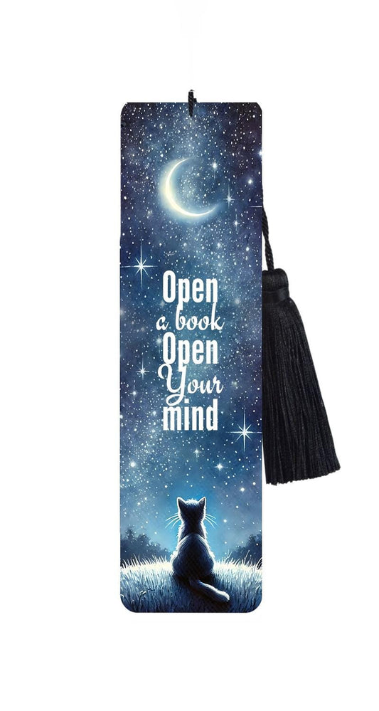 Large Metal Bookmark With Tassel - Moongazing Cat,with Reader Quote