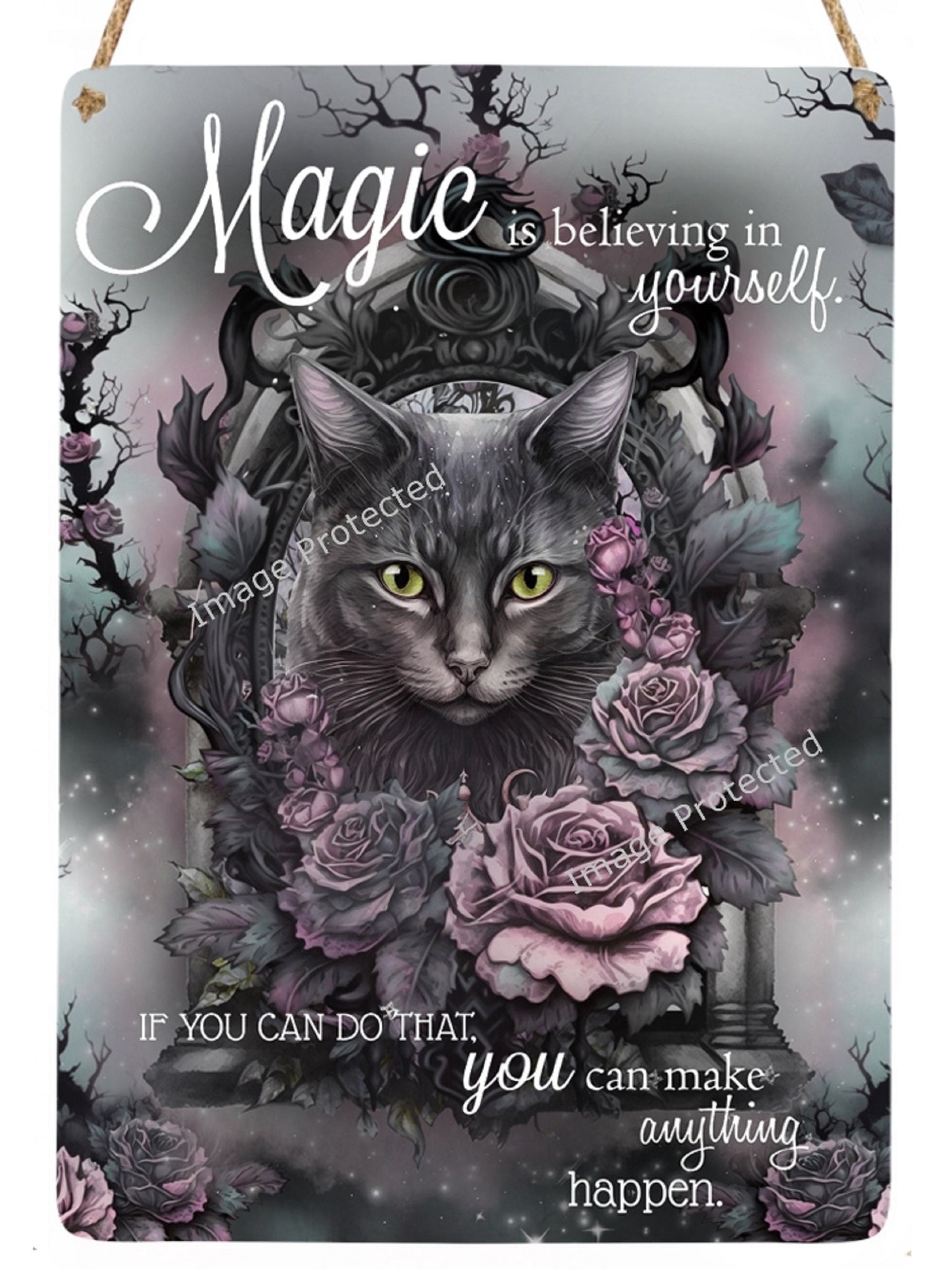 Black Cat Metal Sign: Magic Quote Hanging Decor