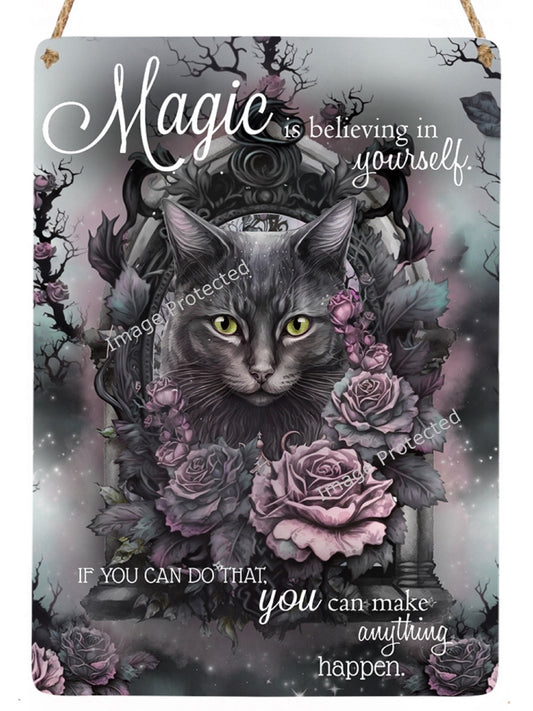Black Cat Metal Sign: Magic Quote Hanging Decor