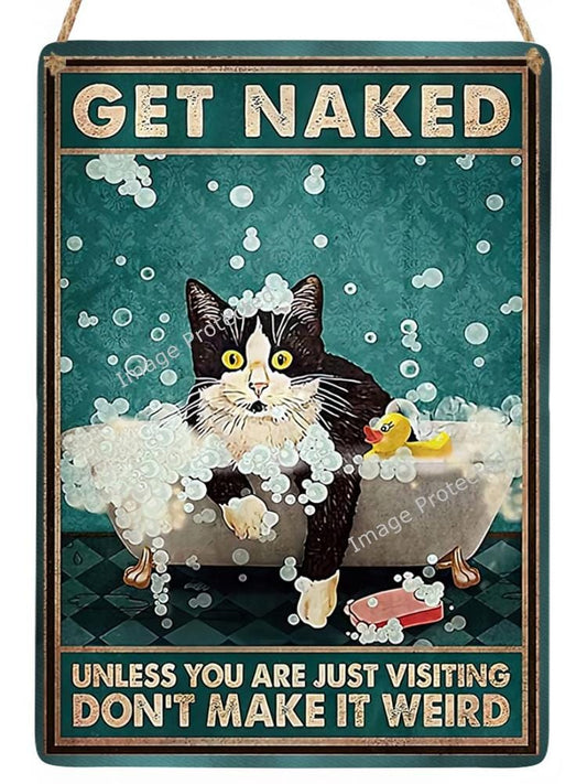 Funny Metal Cat Bathroom Sign: Gat Naked Retro Decor