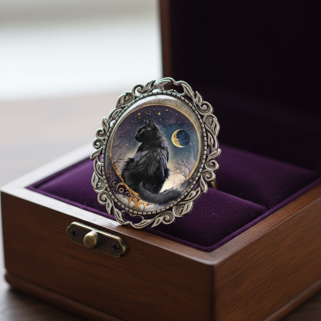 Black Cat & Celestial Moon Brooch on jewelry box