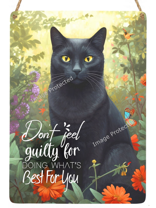 Handmade Black Cat Metal Sign: Motivational Art (20cm x 15cm)