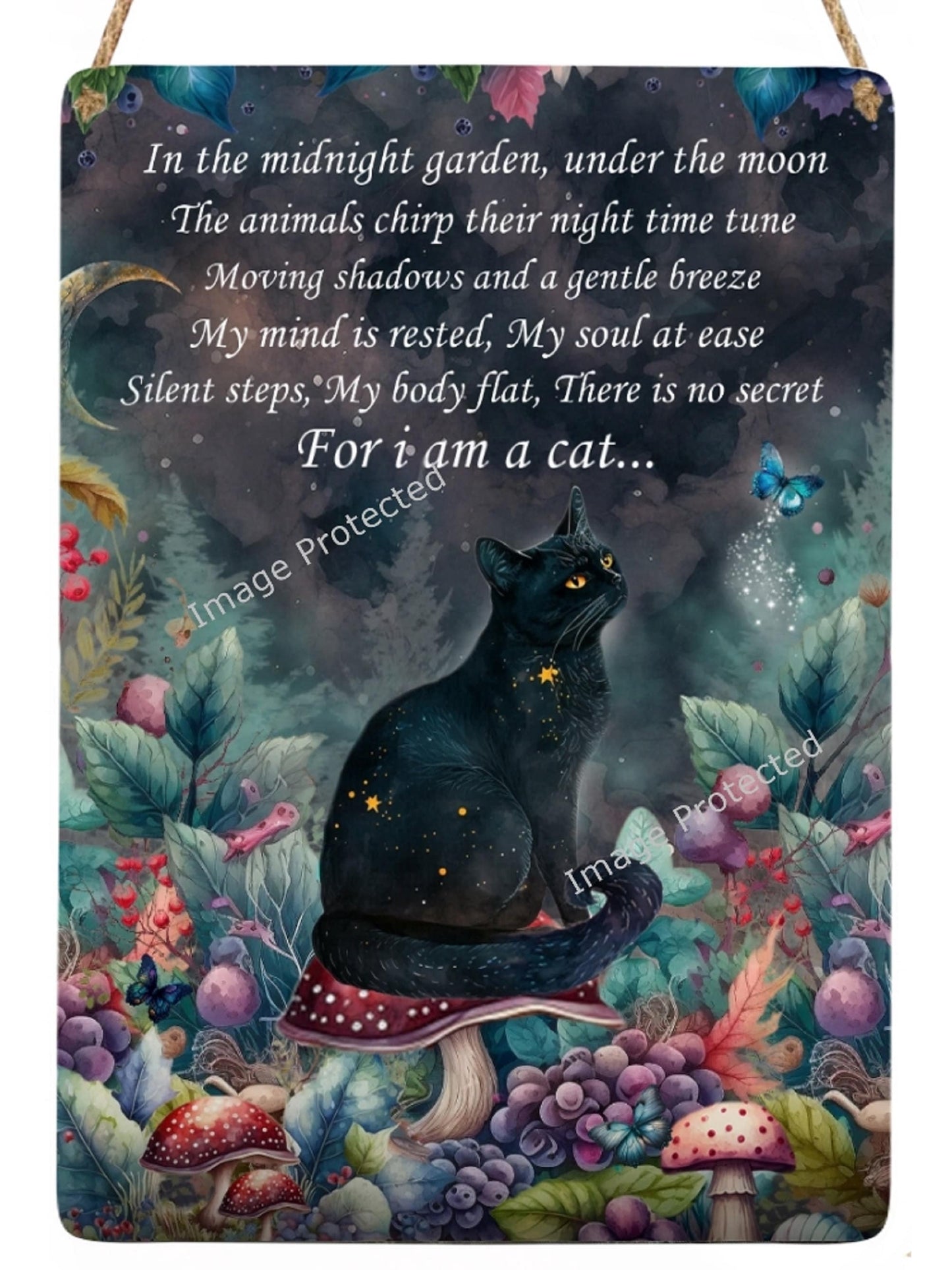 Cat Poem Metal Sign: The Midnight Garden - Handmade