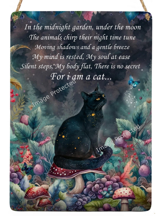 Cat Poem Metal Sign: The Midnight Garden - Handmade
