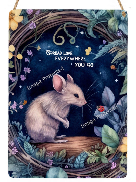Hanging Metal Sign - Mouse and Ladybug - Motivational Quote, Spread love wherever you go..