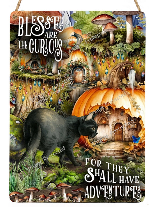 Black Cat Art Sign: Bless The Curious, Handmade Metal Decor